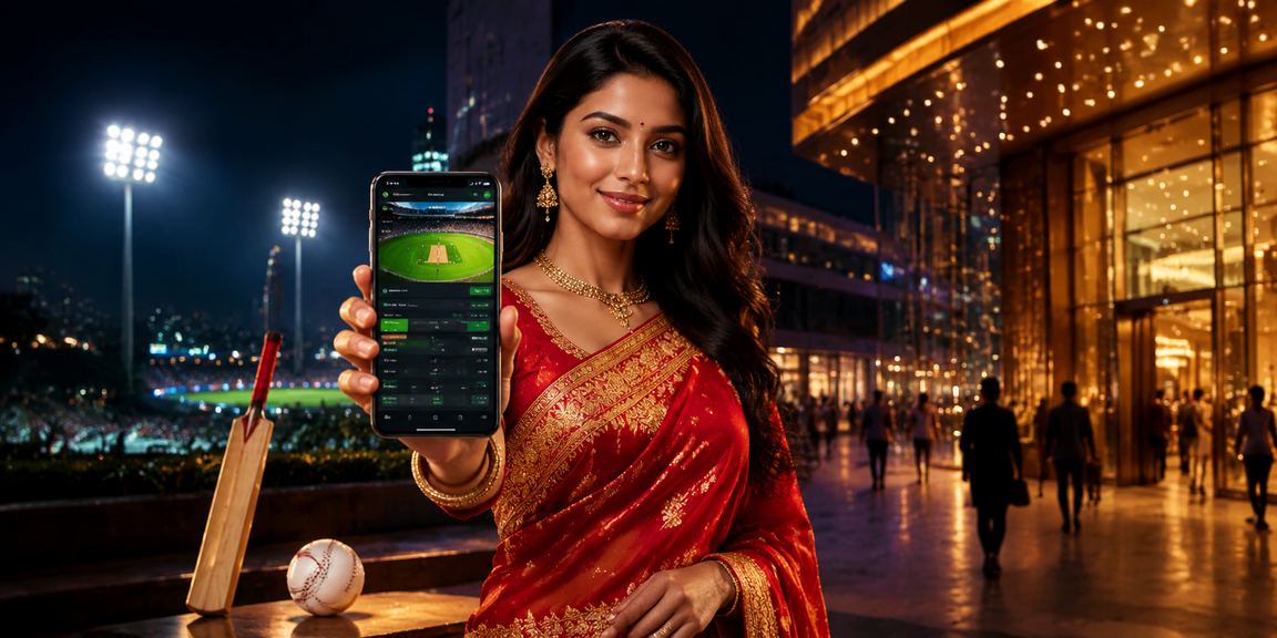 Indian woman enjoying lottery browsing on mobile during a cricket match