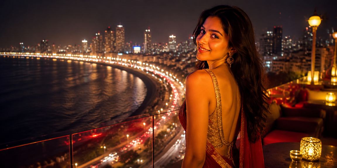 Mumbai night skyline with mobile payment interface